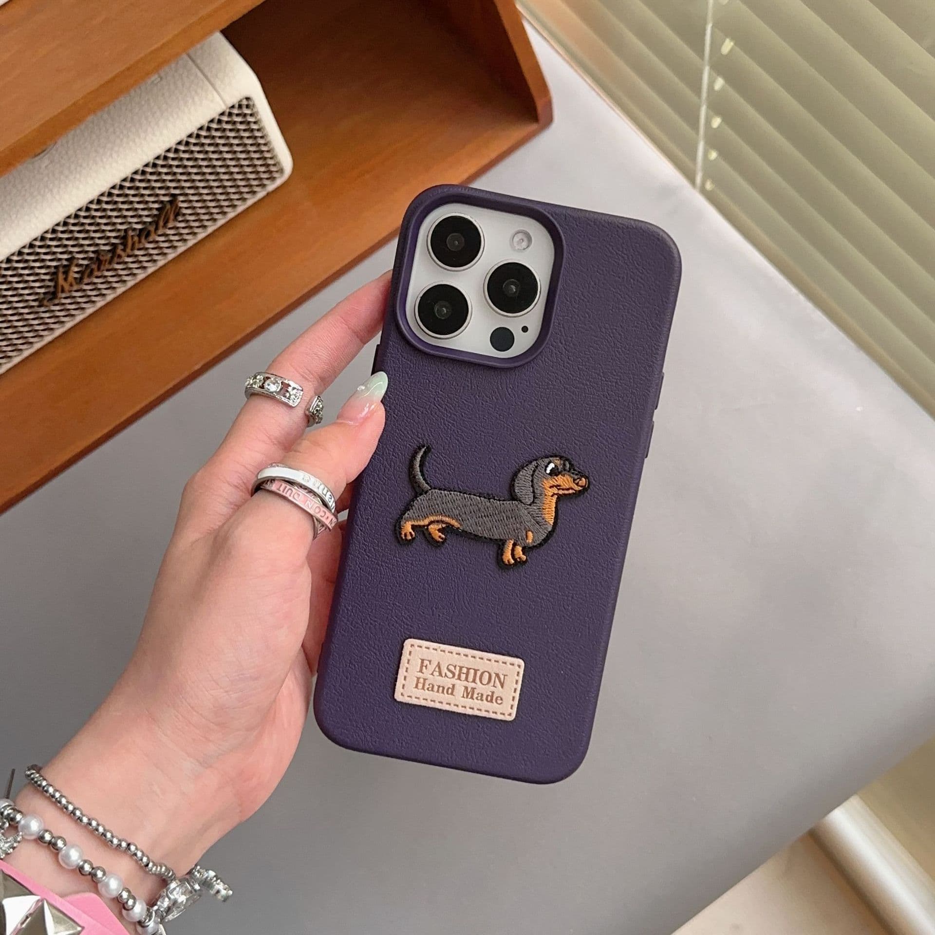 Embroidered Dachshund iPhone 15 Phone Case Compatible with Apple 14 Pro Max, Lychee Leather Pattern, 13 Pro Soft Edge Trendy