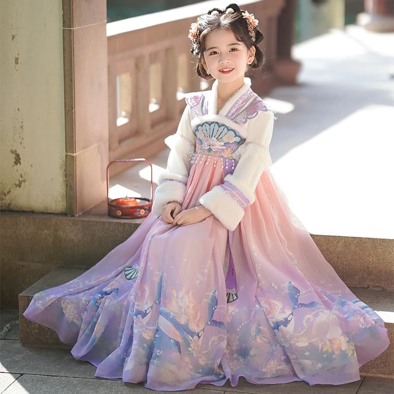 2025 New Autumn/Winter Hanfu Girl's Ancient-style Princess Dress with Fleece, Children's Traditional Tang Suit Girl's Dress