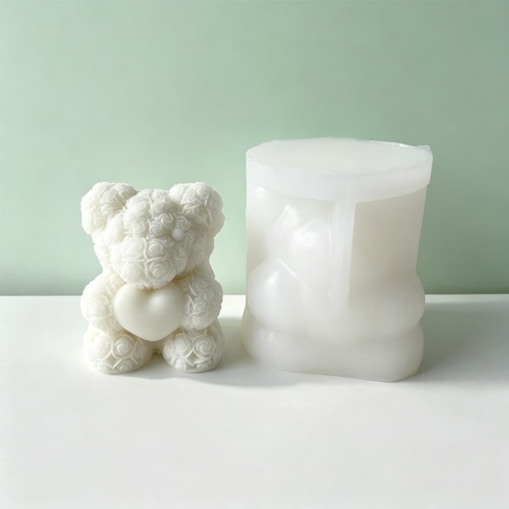 Heart-Holding Rose Bear Candle Mold DIY Handmade Soap Candle Gypsum Decoration Food-Grade Silicone Mold