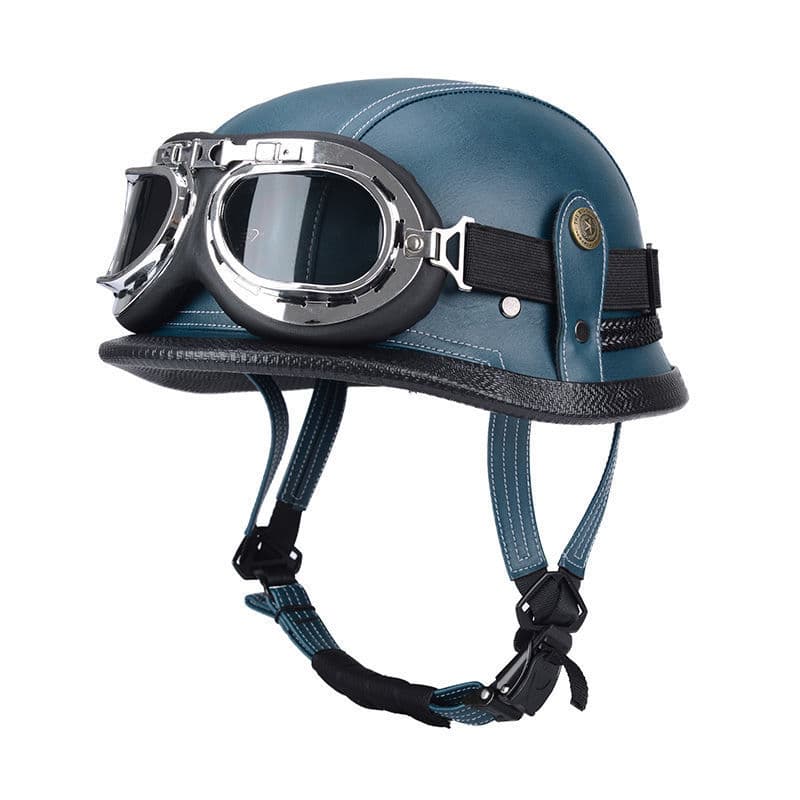 German WWII Retro Steel Helmet Leather Helmet Summer Retro Cruising Half Helmet Half Covered Electric Motorcycle Helmet for Men and Women