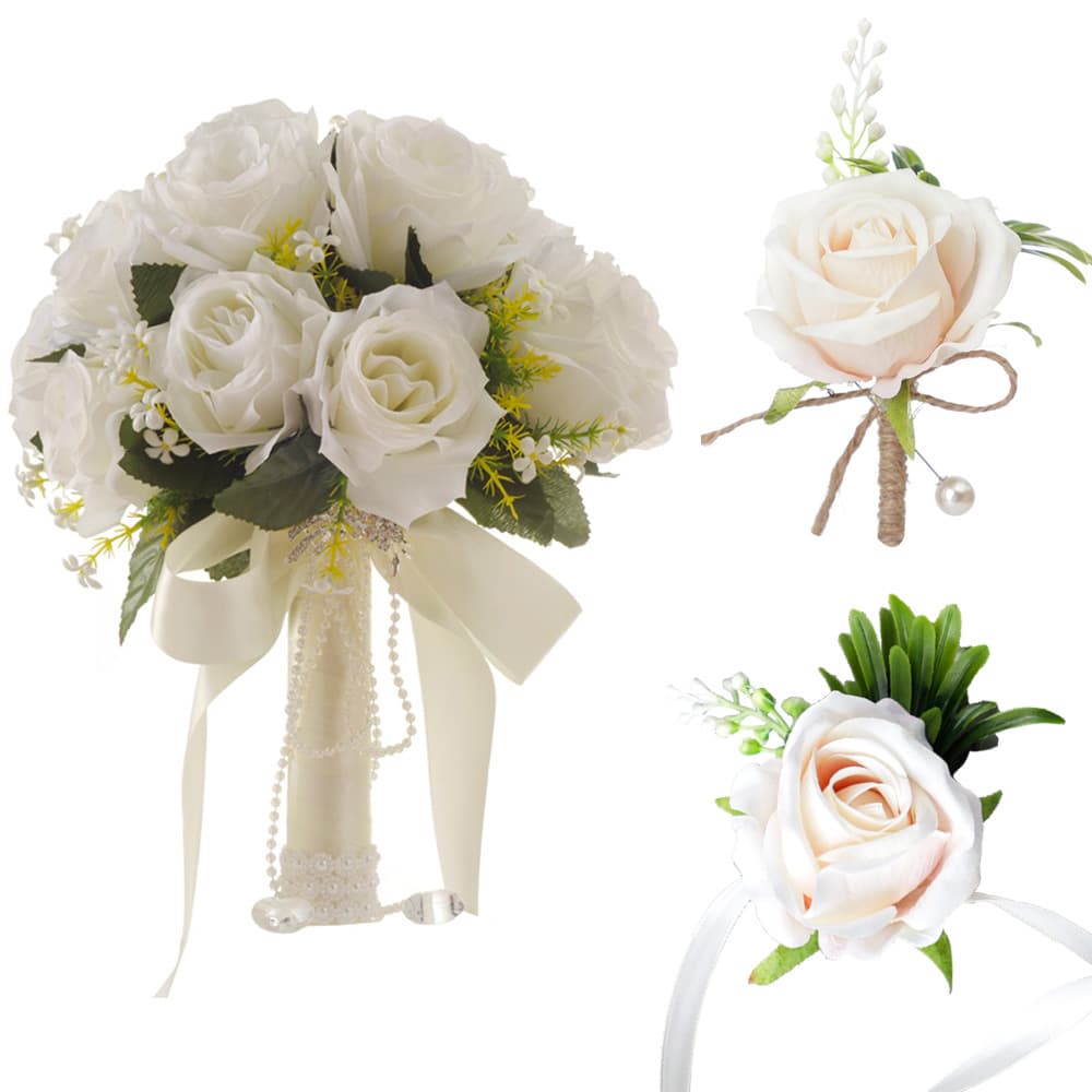 Western-style wedding supplies, simulated rose bouquet, wrist flower corsage three-piece set, Amazon best-selling bridal bouquet