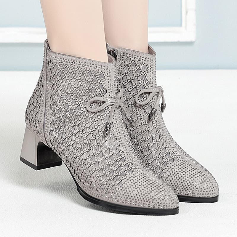 Women's Rhinestone Booties Summer Mid Heel Short Boots Chunky Heel Breathable Hollow Out Sandals Mesh Single Boots for Mother Spring Autumn