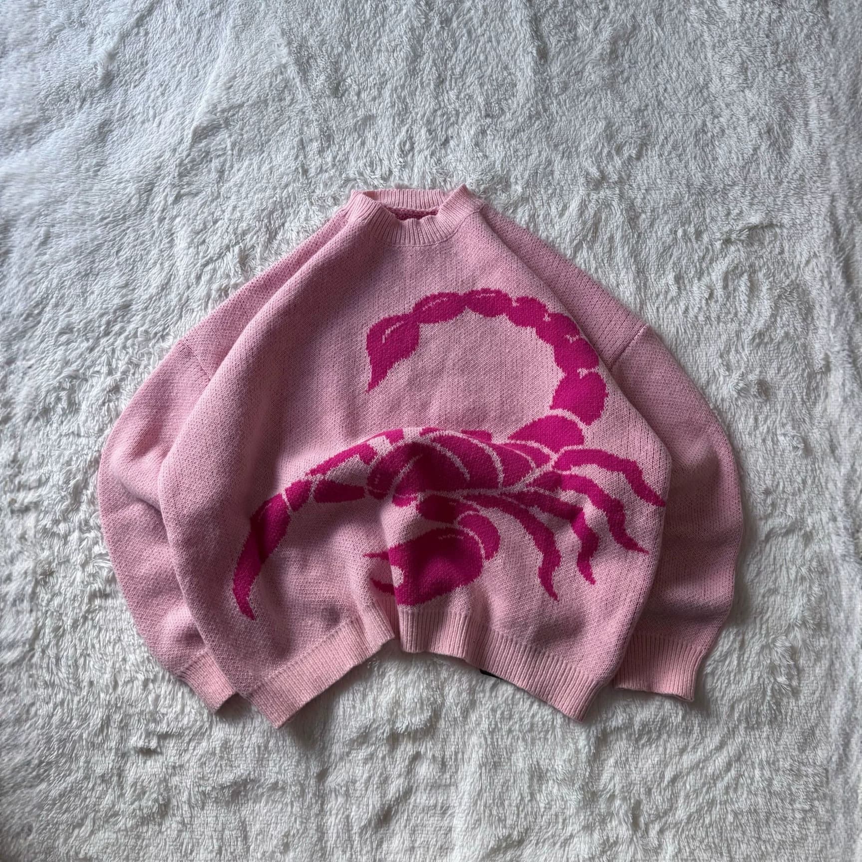 Autumn Winter Pink Scorpion Jacquard Round Neck Sweater for Women, Drop Shoulder Loose Soft Versatile Knit Top