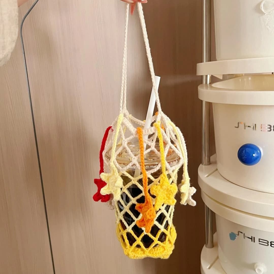 Star net pocket water cup cover wool crochet cross-dressing star cup cover bag pendant di material package creative handmade gift
