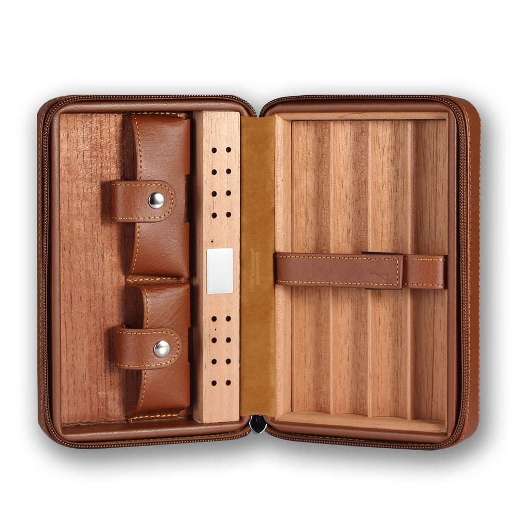 High-end cigar box, cedar wood leather cigar humidor, portable portable 4-pack cigar set cigarette box