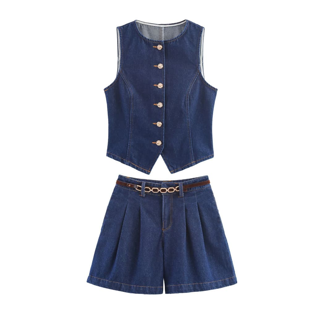 Cross-border EU/US 2025 Summer New Women's Denim Vest Top & Shorts Set