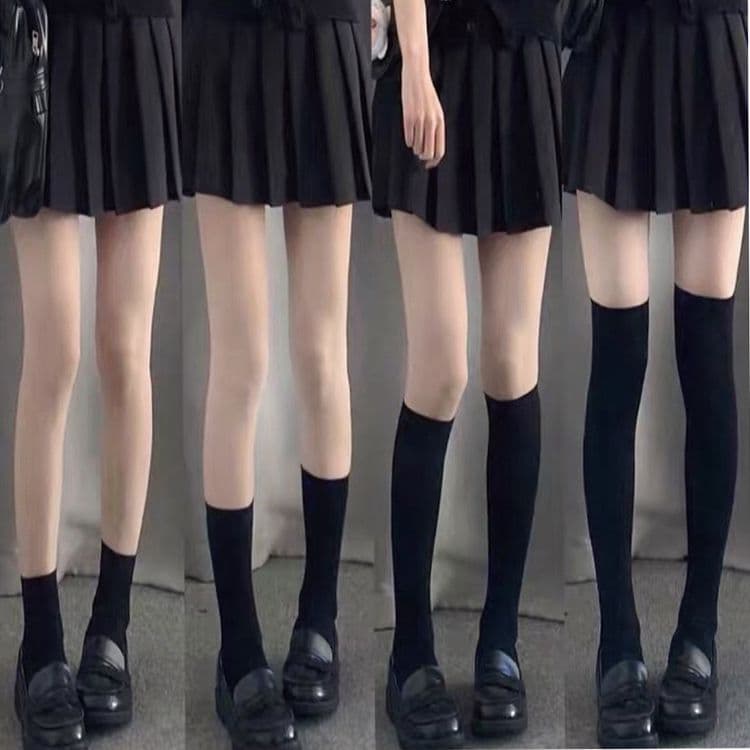 Black Velvet Long Tube Socks Women's Summer JK Over Knee Mid-Calf Short Socks Leggings Polyester Fabric Casual Style Four Seasons