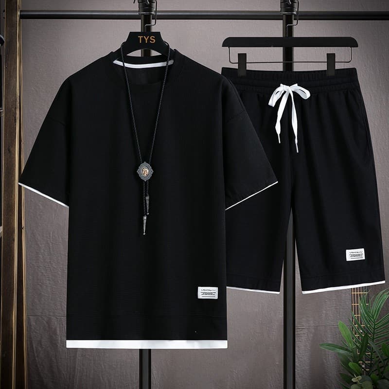 Cross-Border Summer Short Sleeve Men's Sport Set Loose T-Shirt Shorts Waffle Fabric Casual Versatile