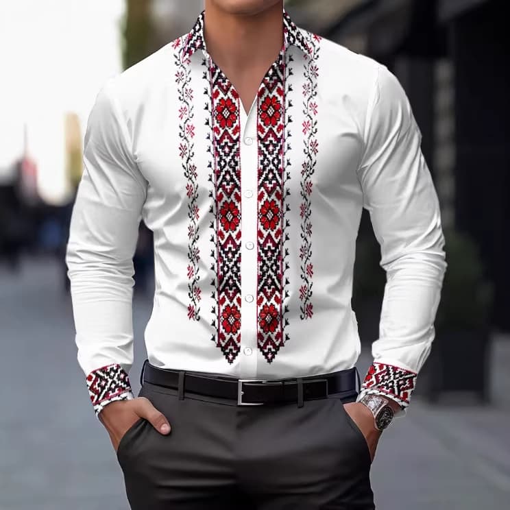 European and American new men's long-sleeved shirts cross-border popular printed men's shirts ethnic style lapel buttons casual
