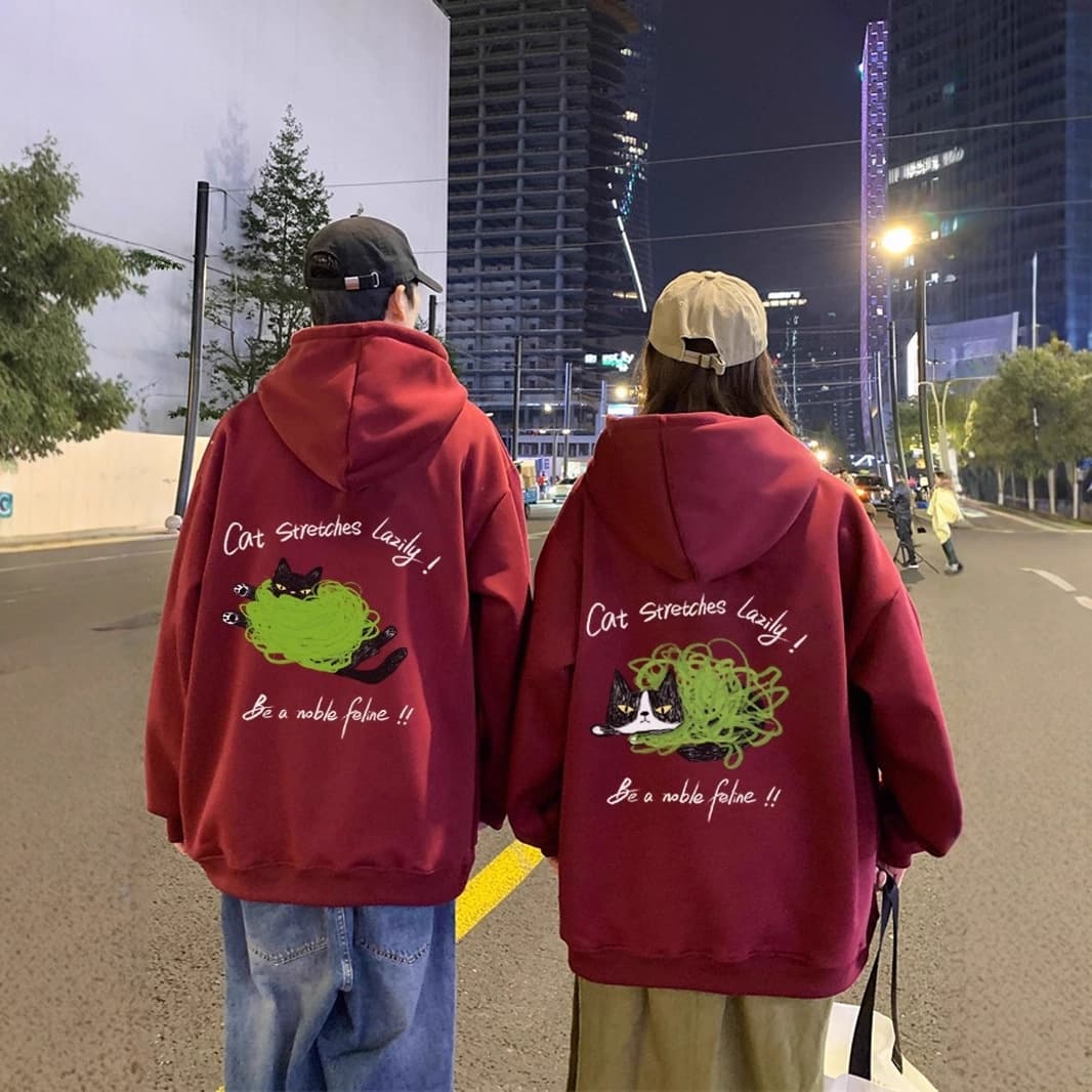 Creative Couple Matching Loose BF Style Hooded Fleece Printed Sweatshirt 2025 Fall New Unisex Casual Jacket Trendy