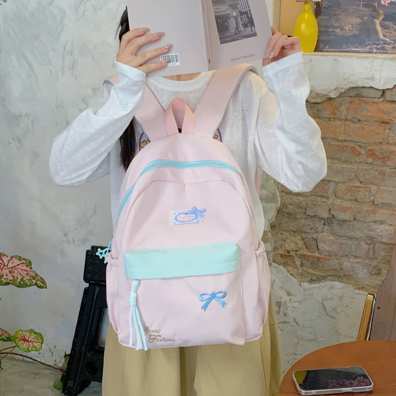 Milk-Colored Peach Pink and Blue Two-Dimensional Girly Backpack for Students, Suitable for Daily Classes and Weekend Outings