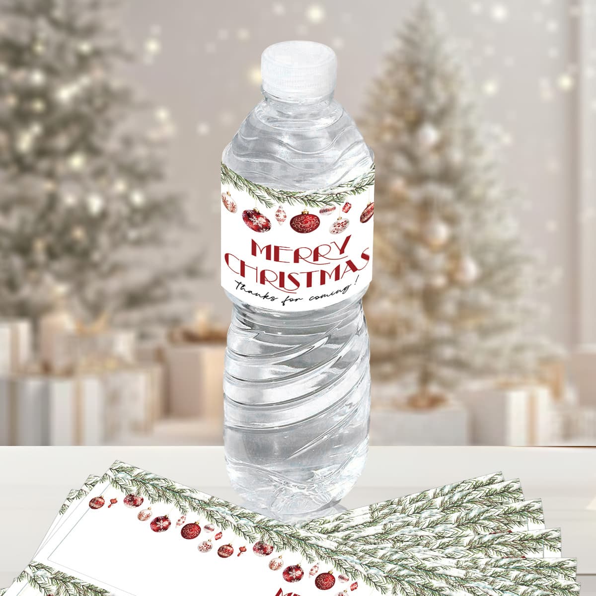 20 Christmas Water Bottle Labels, Red Holly Berry Water Bottle Stickers, Christmas Ball Beverage Wrappers