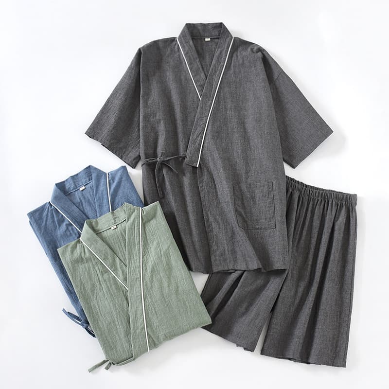 Japanese Spring/Summer Thin Men's Yukata Cotton Short Sleeve Short Pajama Set, Plus Size Up to 200 Jin, Home Sauna Wear