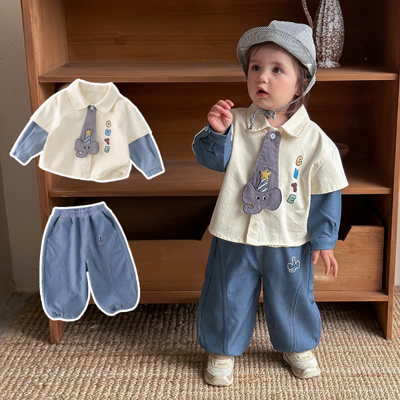 On behalf of boys, autumn clothes, Category A, two-piece set, cartoon elephant tie, lapel shirt, baby washed soft denim