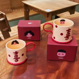 Newlywed Double Happiness Ceramic Mug Gift for Bride, High-Quality Couple Gift Box Set, Mouthwash Cup
