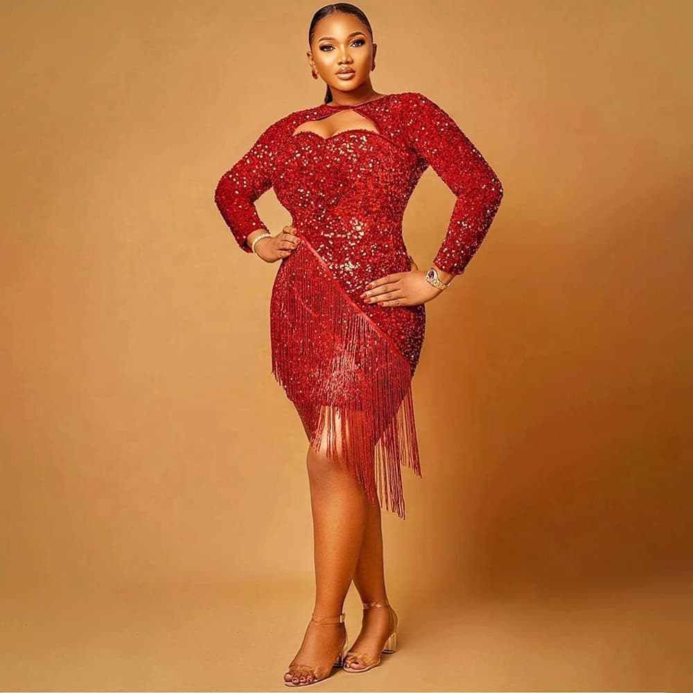 Cross-border AliExpress sequined dress for European and American women, African women's elastic tassel sequined long-sleeved sexy short skirt