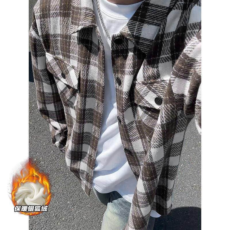 Men's New Versatile Casual Silver Fox Fleece Long-sleeve Shirt Trendy Wool Plaid Shirt Heavyweight 480g for Men