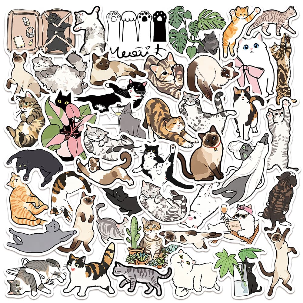 50 healing elongated cats, Korean cartoons, cute graffiti stickers, small animals, cute children’s simple handbooks