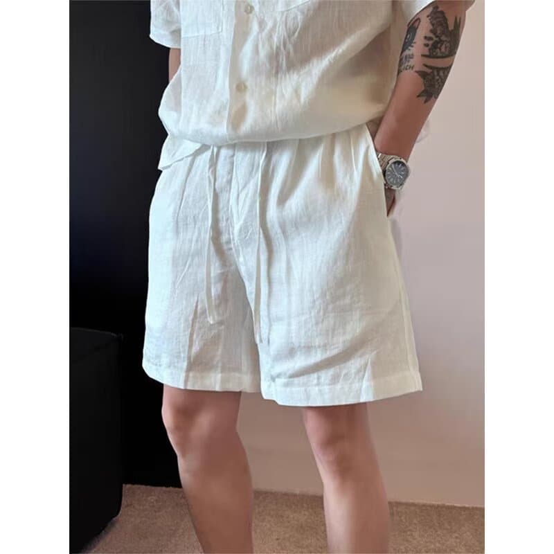 Japanese-style thin linen elastic waistband knee-length shorts casual pants cotton-linen solid color linen shorts for men summer