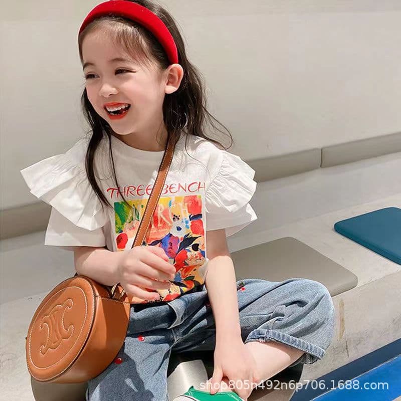 Girls' Cotton Short Sleeve T-Shirt 2025 Summer Trendy Ruffle Sleeve Oil Painting Style Top