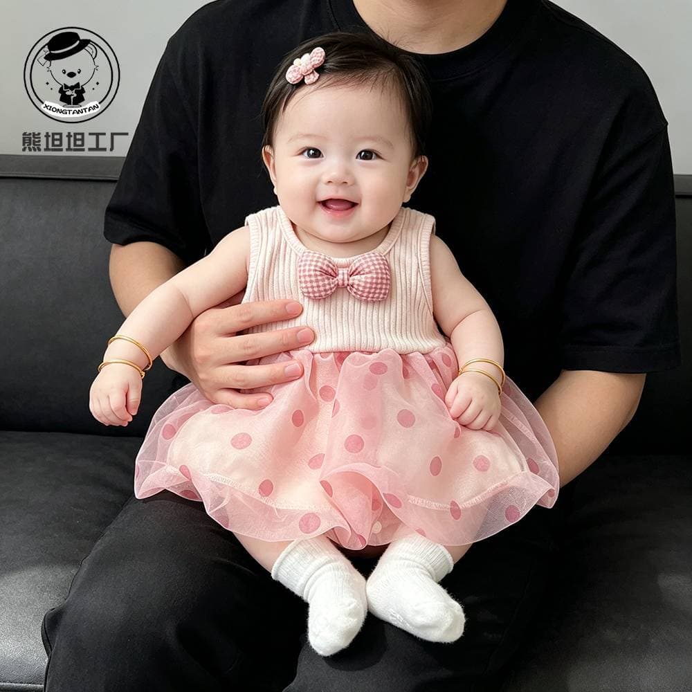 Baby clothes for girls, pink harem, little one-month-old outfit, summer sweet and charming princess dress, 100-day birthday dress