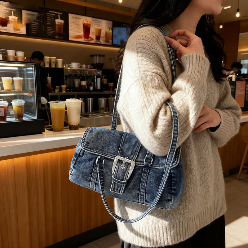 Fashion niche design Hong Kong style washed denim bag 2025 new high-end texture armpit shoulder bag trendy