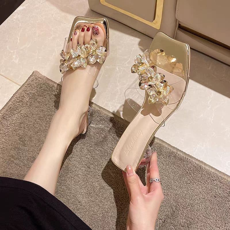 Fairy Style Transparent Rhinestone Crystal High Heel Slippers 2025 Summer New Style Outerwear Sandals Fashionable Thick Heel Sandals
