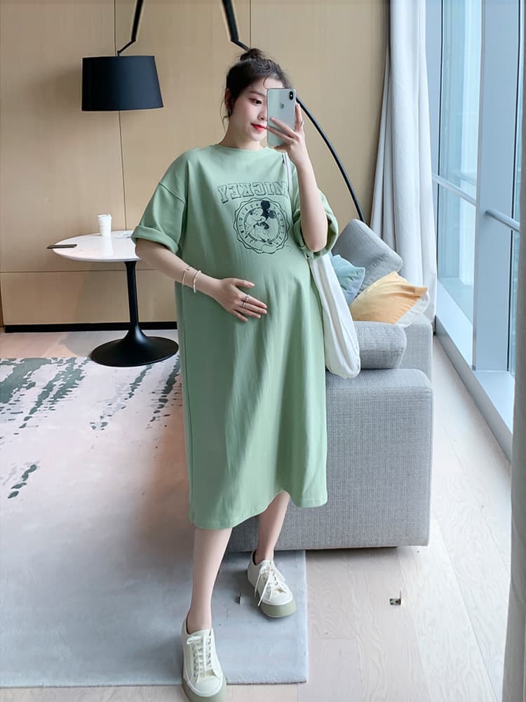 Plus Size Maternity T-Shirt Dress Summer Fashion Print Over-the-Knee Loose Maternity Dress