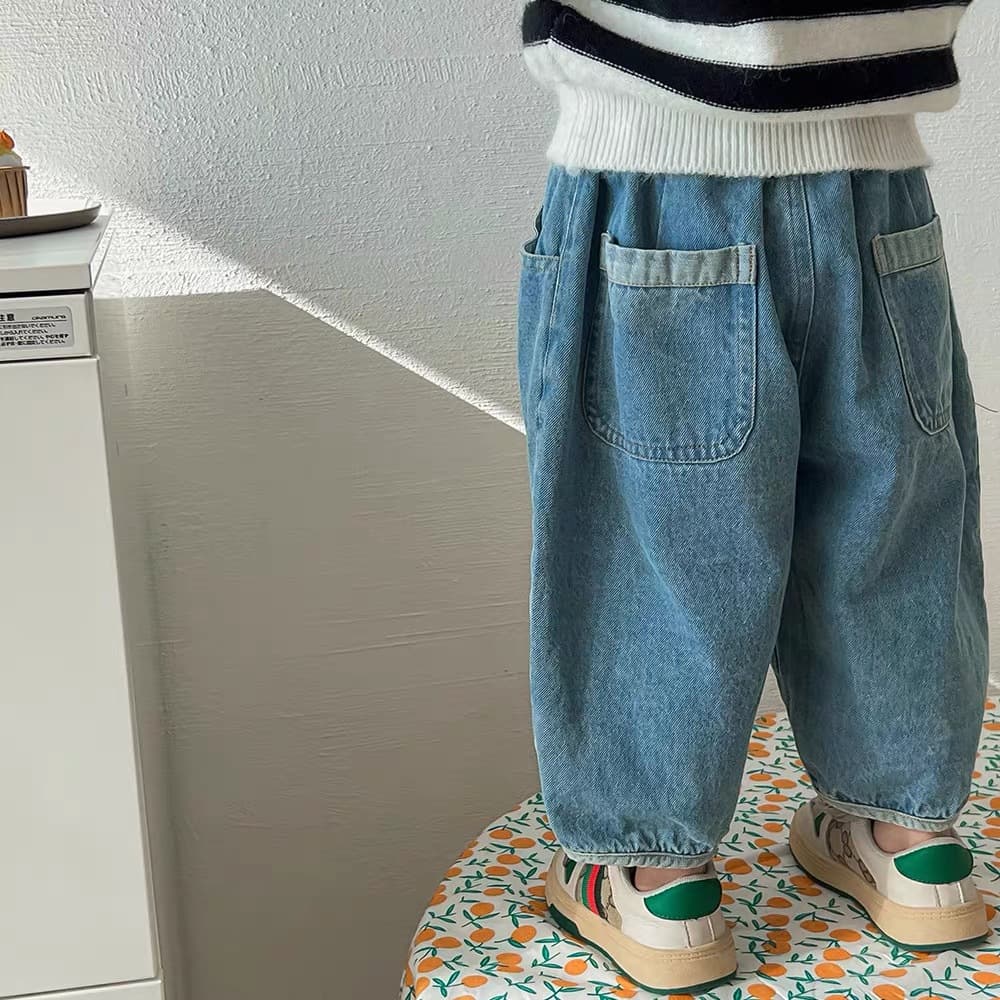 Children's Casual Jeans Trousers Spring Autumn Baby Boys Cotton Soft Processed Low Waist Elastic Belted Long Pants