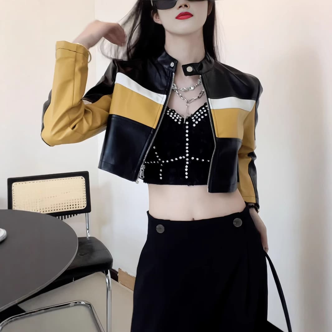 PU Leather Contrast Stitching Motorcycle Jacket, Slim Fit Stand Collar Short Leather Jacket for Women, European and American Style