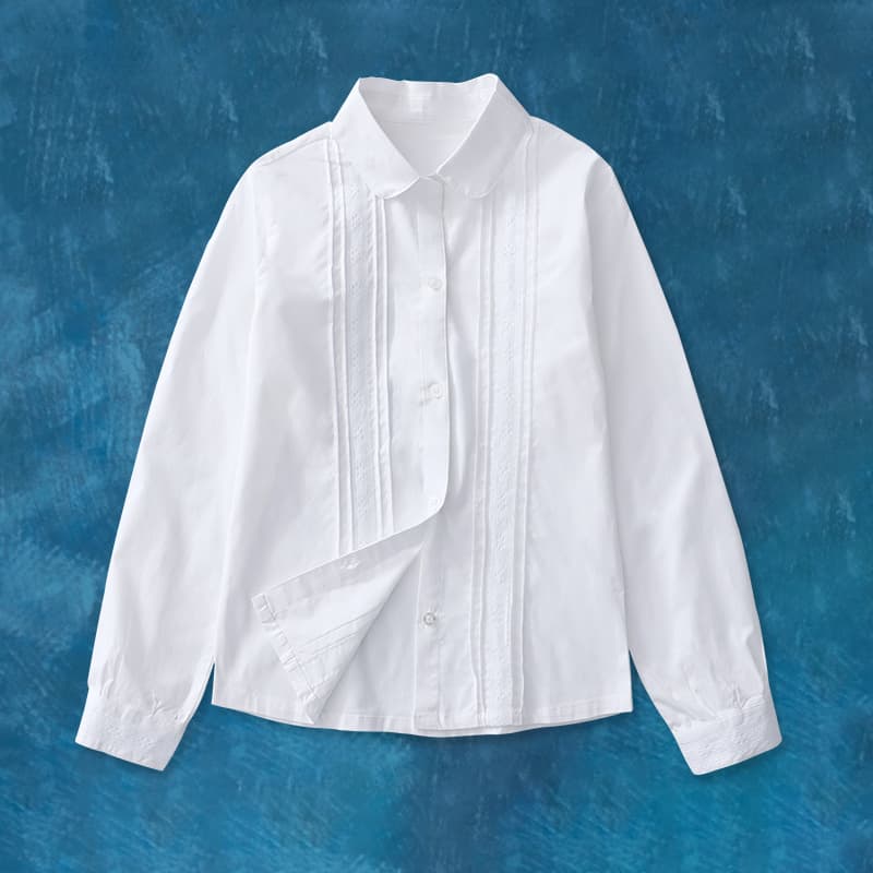 Girls Long Sleeve White Blouse Spring Autumn Mid-Large Child Pure Cotton Lace White Shirt Children Eaton Uniform Performance Costume