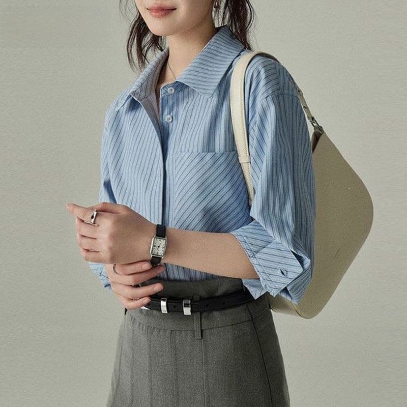 Miandi Premium Blue Striped Blouse for Women Early Spring New Shirt Layered Chic Office Commute Outerwear Top