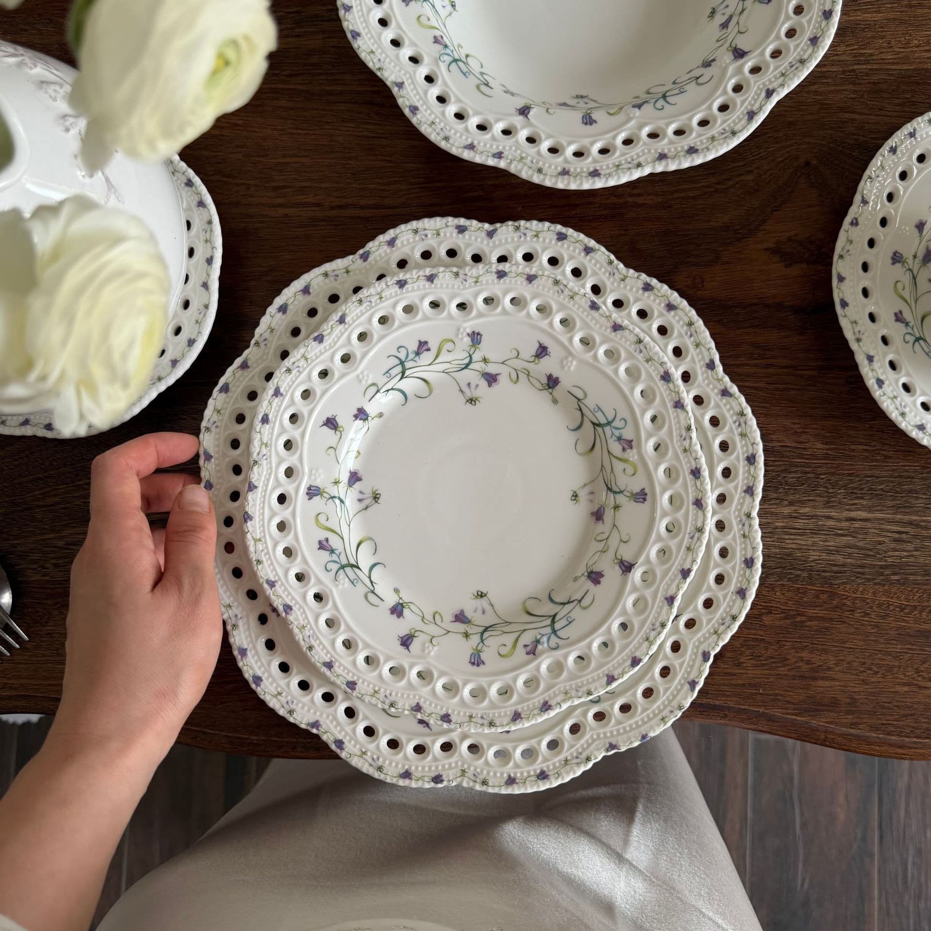 French retro purple bell flower ceramic tableware hollow relief ceramic plate dessert plate dinner plate soup plate cup saucer bowl
