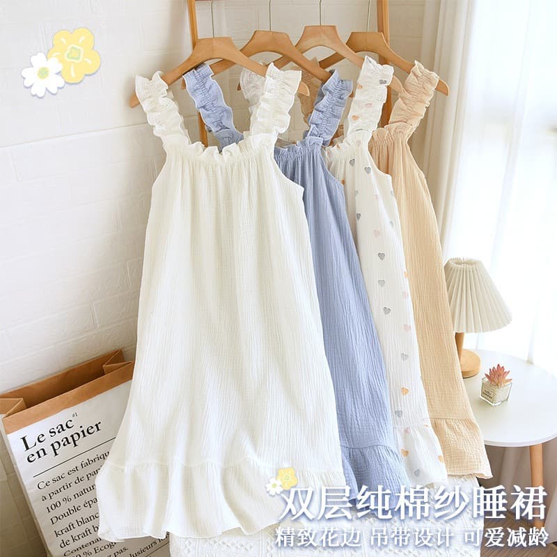 Women's Summer Cotton Gauze Thin Spaghetti Strap Nightgown Loose Medium-Length Sweet and Cute Long Dress Loungewear