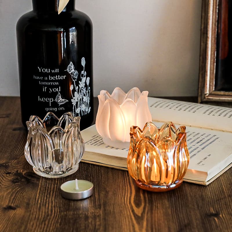 Vintage Tulip Glass Small Candle Holder Romantic Retro Transparent Amber Table Candle Decoration Home Decor White
