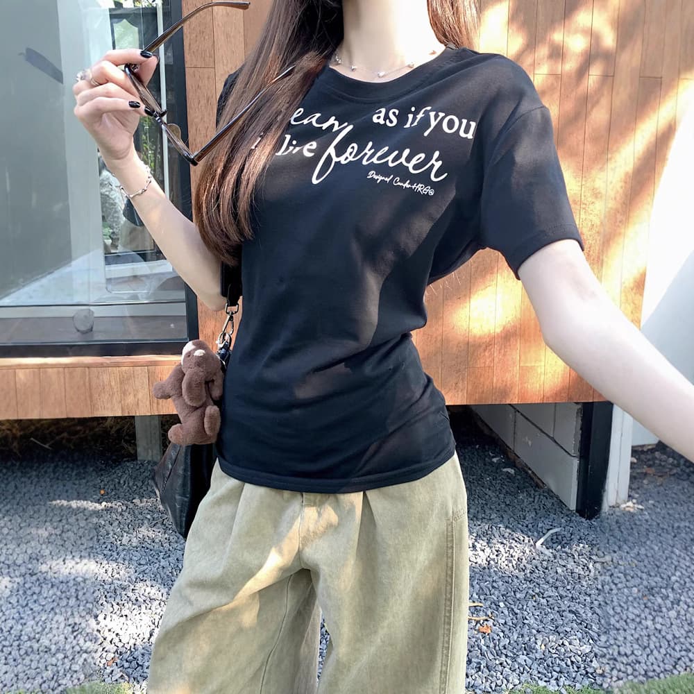 Chic Waist-Tightening Slimming Letter Print Short-Sleeve T-Shirt for Women 2025 Summer New Casual Versatile Student Top Trendy