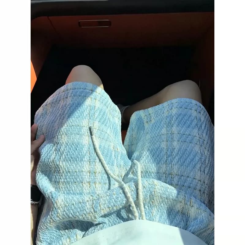 Chanel-style knitted plaid shorts for men, summer thin American retro five-point shorts, beach shorts, sports shorts