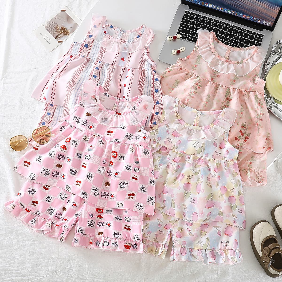 Girls Summer Cool and Breathable Two-Piece Dress Set Princess Floral Homewear