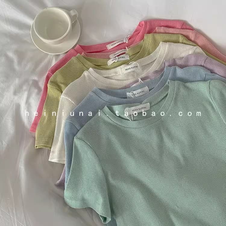 American Style Sweet Cool Hot Girl Short Cropped Top Solid Color Design Niche Round Neck Thread Short Sleeve T-shirt Women's Summer