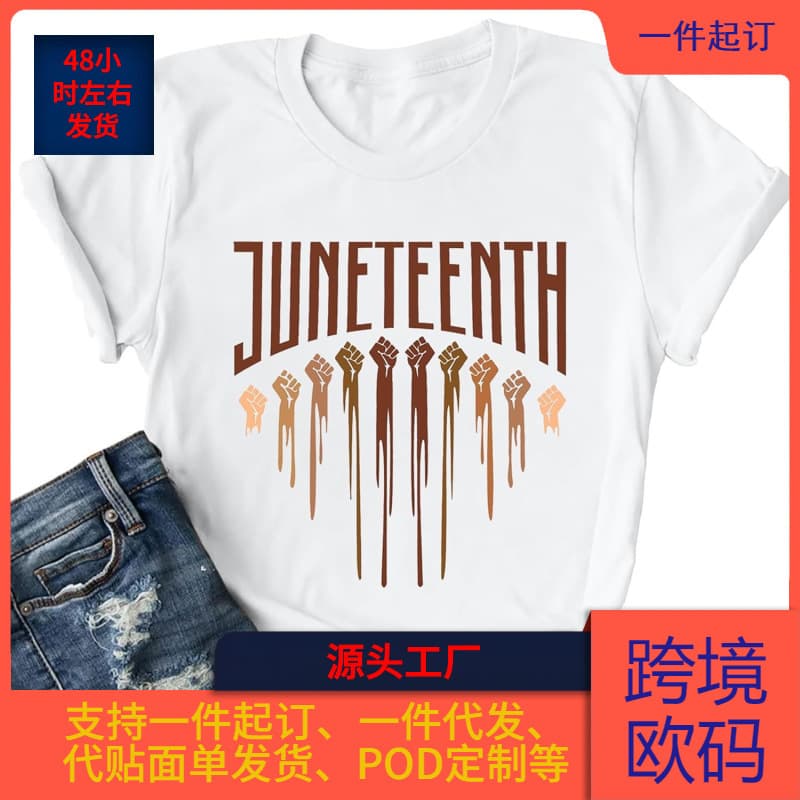 (European Size Cotton t) June Shirt Women Black Independence Day Graphic Tee Celebrate 1865