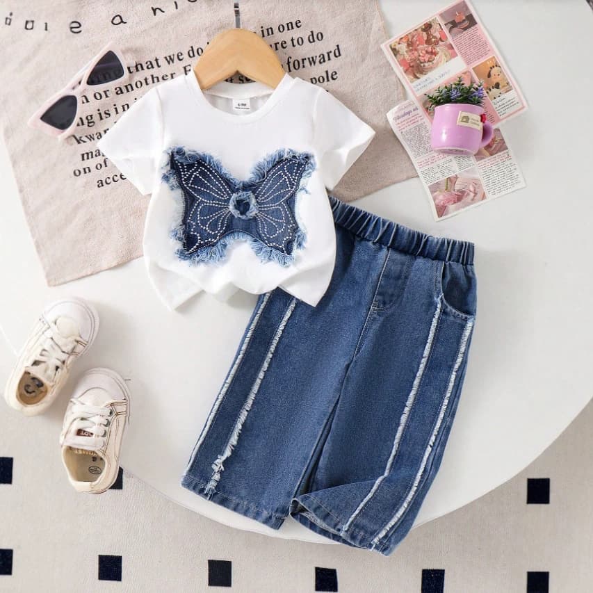 Cross-border New Arrival for Europe and America Baby and Toddler Set Short Sleeve Denim Butterfly Embroidered Top + Raw Edge Denim Pants Two-Piece Set