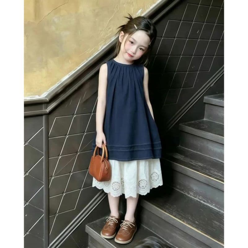 High-quality original large quantity of ready-made two-piece stacked navy blue vest dress and skirt