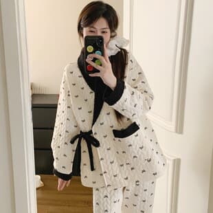 Autumn/Winter Air Cotton Maternity Pajamas, Thick Plus Size 200 Jin Kimono Nursing Sleepwear Set, Loungewear