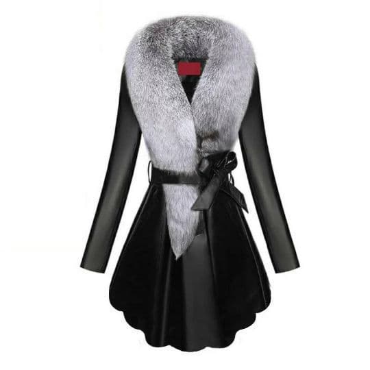 Haining Leather Clothing Women's Mid-Length Cotton Coat Slim-Fit Slimming PU Leather Faux Fur Faux Fox Fur Collar Autumn Winter