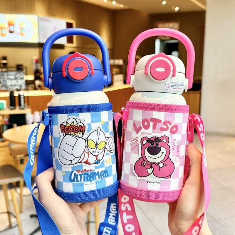 Stylish Insulated Cup Cute Cartoon Student Water Bottle Drop-Resistant Portable Dual-Drink Straw Cup for School