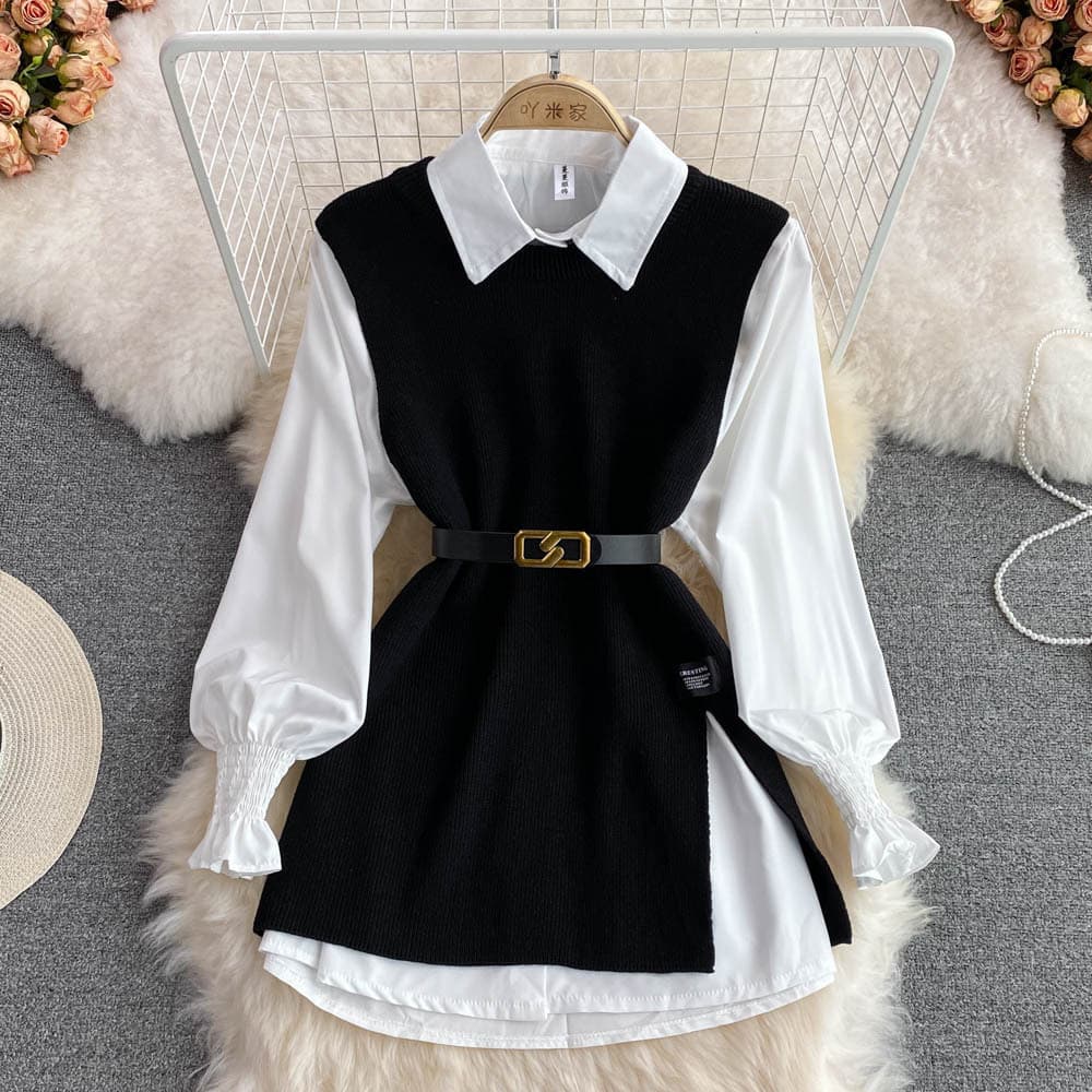 2024 Spring/Autumn Long-Sleeve Set White Shirt Sweater Vest Youthful Loose Knit Vest Shirt Two-Piece Set for Women