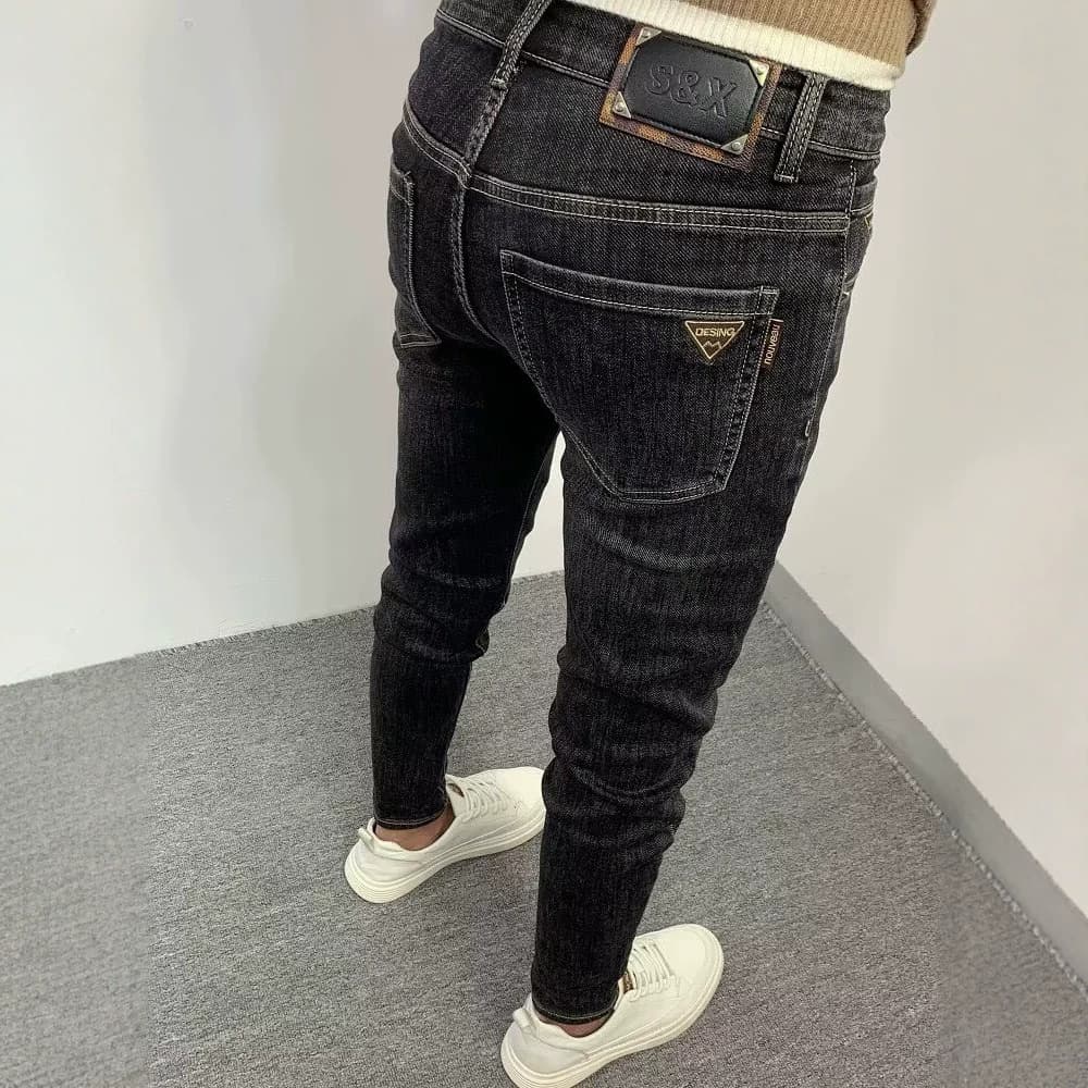 Black Jeans Men 2026 Summer New Trendy Embroidered Slim Fit Skinny Pants Korean Style Casual Long Trousers