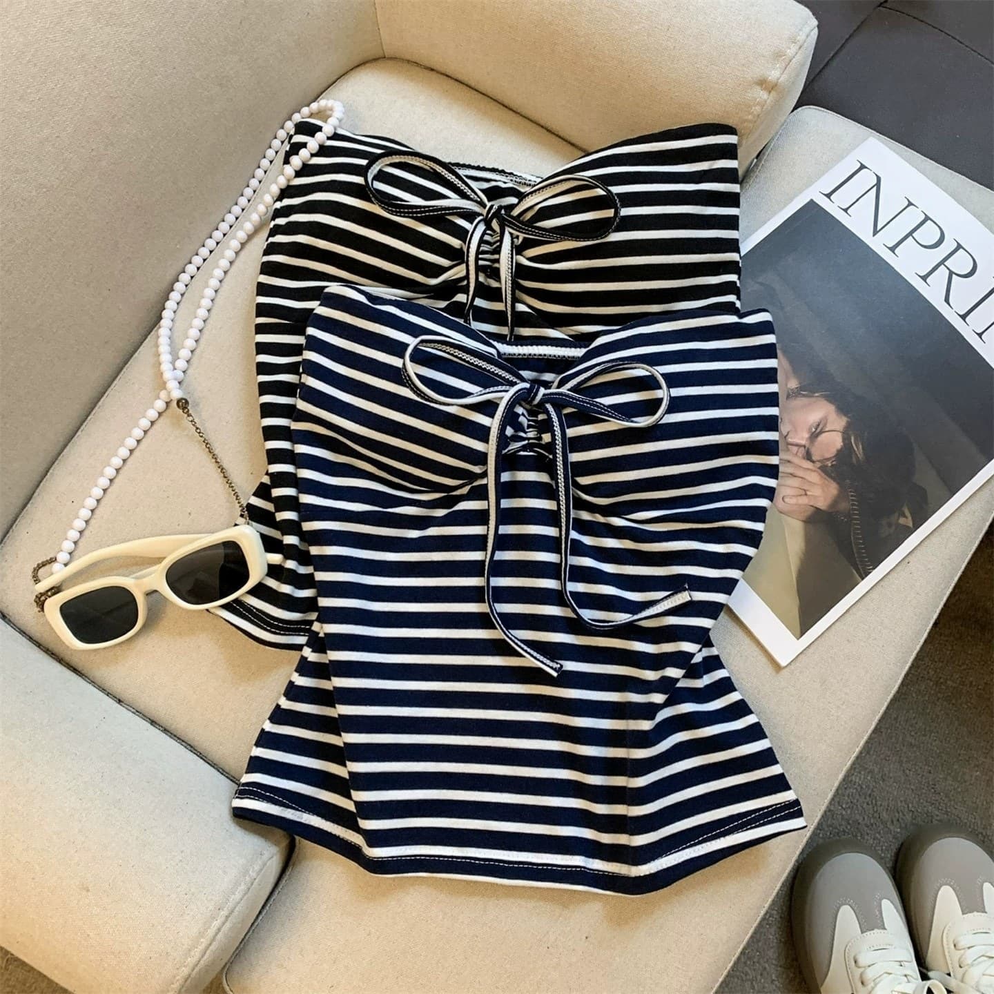 American-style Striped Tube Top Vest for Women, Korean-inspired Versatile Design, Summer Sleeveless Tie-front Wrap Top