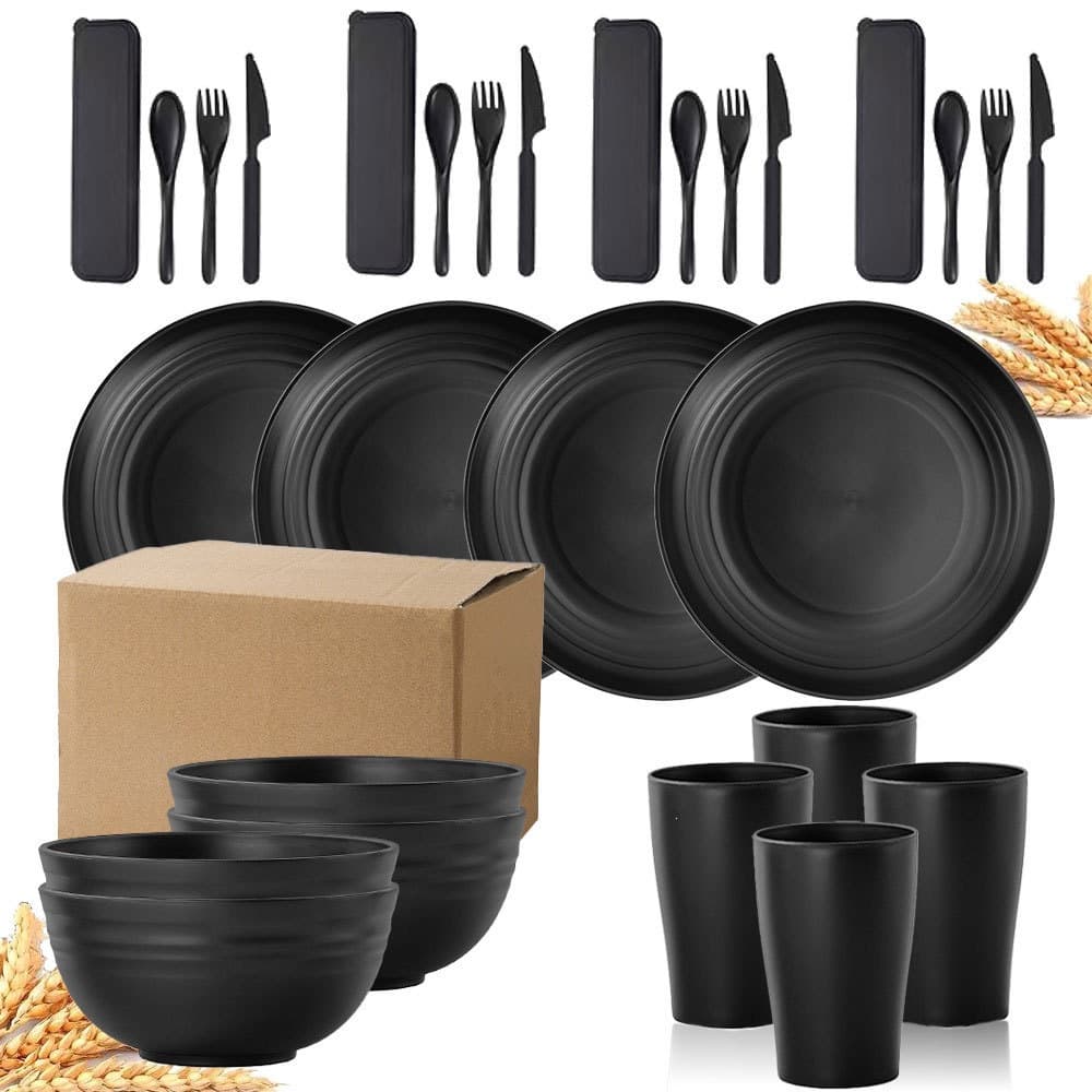 TEMU cross-border hot-selling black wheat straw plates, bowls and cups 28-piece set household dishes, plates, knives, forks and spoons set for four