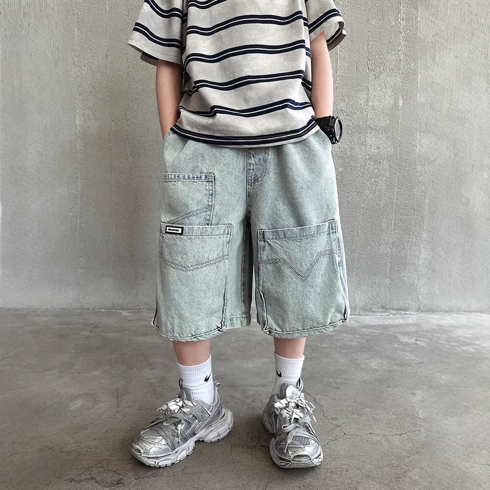Boys Denim Cargo Shorts Summer 2026 New Style Children's Five-Point Loose Fit Summer Casual Shorts for Older Boys